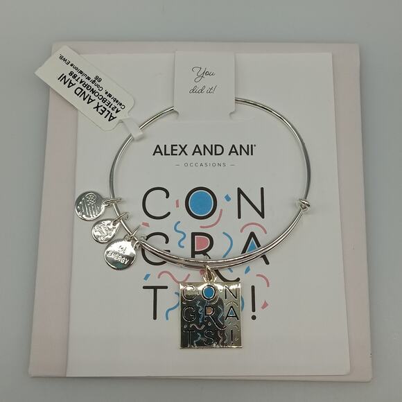 NWT Alex And Ani Congratulations Charm Bracelet GIFT Silver Tone - Picture 1 of 6